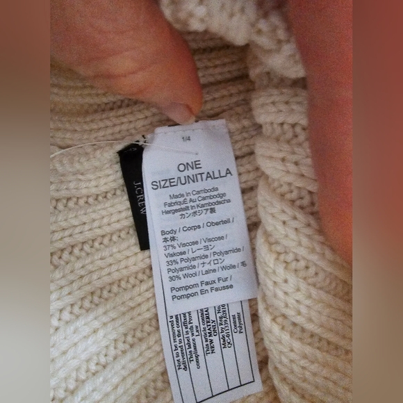 NWT Women's J Crew Cream Winter Hat / Beanie with White Faux Fur Pom Pom - Picture 7 of 10